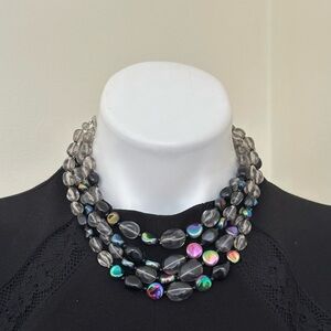 W GERMANY Black Clear Multicolor Oil Slick Glass Plastic Bead 4 Strands Necklace